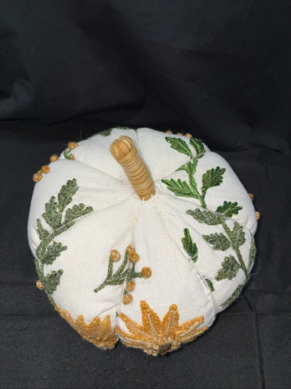 Source Unknown White Accent Pillow Pumpkin with Mustard Embroidered Flowers